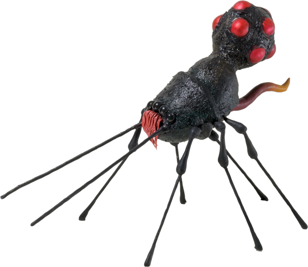 Schwarzes, spinnenartiges Wesen mit mehreren langen Beinen und roten Punkten auf dem R&uuml;cken.
