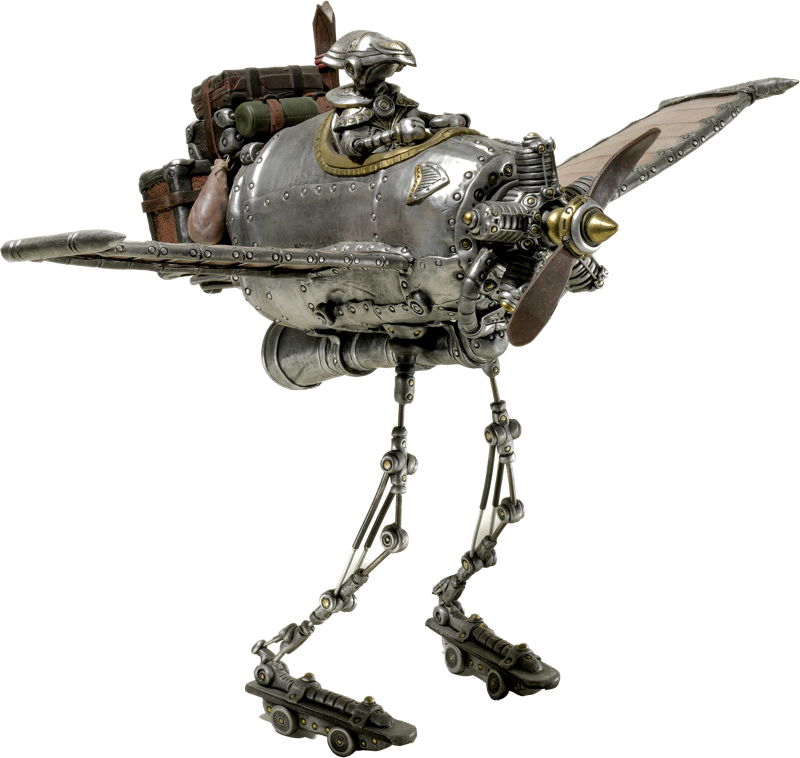 Ein mechanisches Flugger&auml;t mit Fl&uuml;geln und langen, d&uuml;nnen Beinen, das wie ein Vogel aussieht.