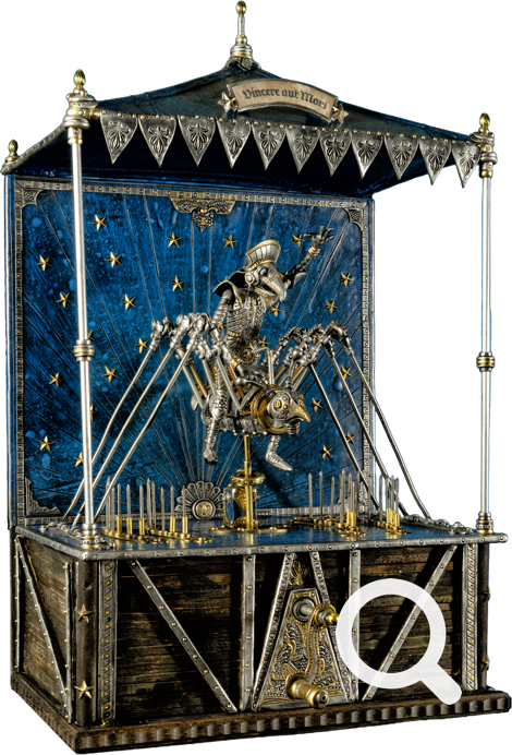 Mechanisches Modell eines Ritters auf einem Pferd unter einem verzierten Baldachin mit blauen und goldenen Details.