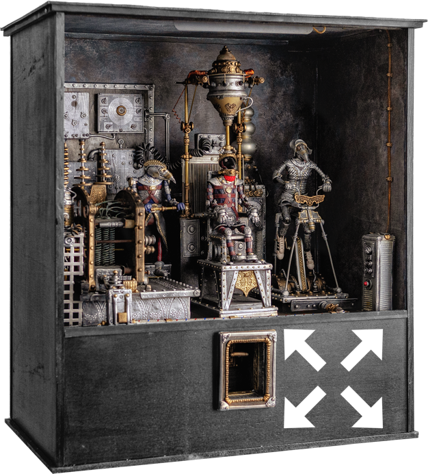 Ein mechanisches Diorama mit Figuren und Maschinen in einem rechteckigen Geh&auml;use.