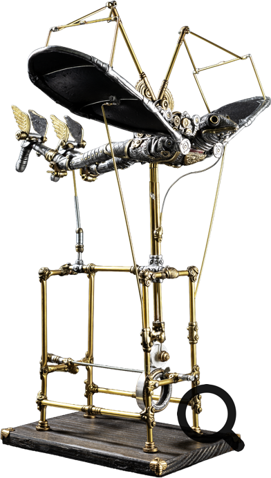 Mechanische Skulptur mit Fl&uuml;geln und Zahnr&auml;dern auf einem Metallgestell.